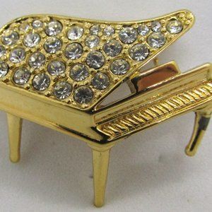 Vintage Trifari signed Grand Piano Gold Brooch with Pave Rhinestones